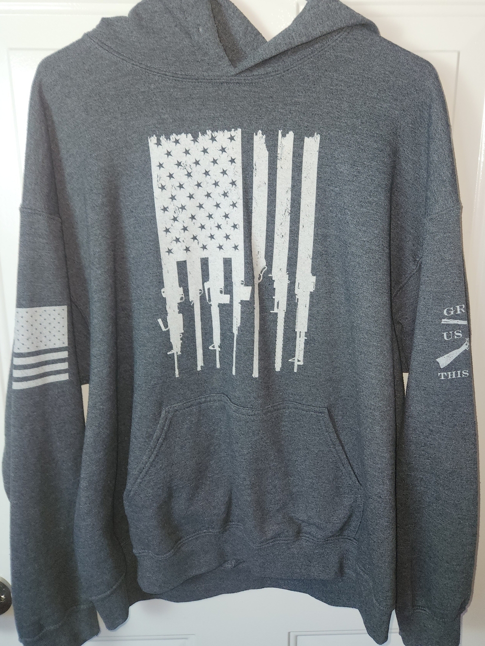 Grunt Style Men's Gray Pullover Hoodie American Flag Graphic Size L